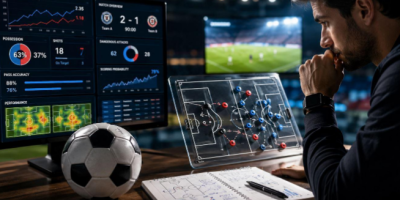 Pronósticos deportivos con análisis de datos de fútbol, pantalla de estadísticas, tablero táctico y balón sobre una mesa de trabajo