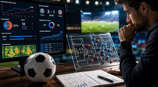 Pronósticos deportivos con análisis de datos de fútbol, pantalla de estadísticas, tablero táctico y balón sobre una mesa de trabajo